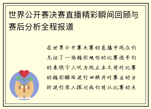 世界公开赛决赛直播精彩瞬间回顾与赛后分析全程报道