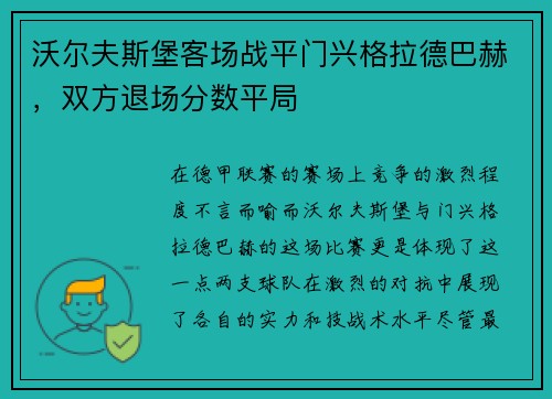 沃尔夫斯堡客场战平门兴格拉德巴赫，双方退场分数平局