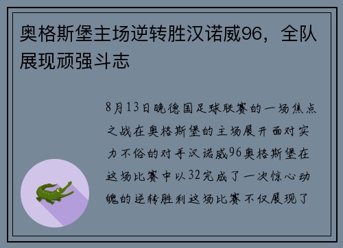 奥格斯堡主场逆转胜汉诺威96，全队展现顽强斗志